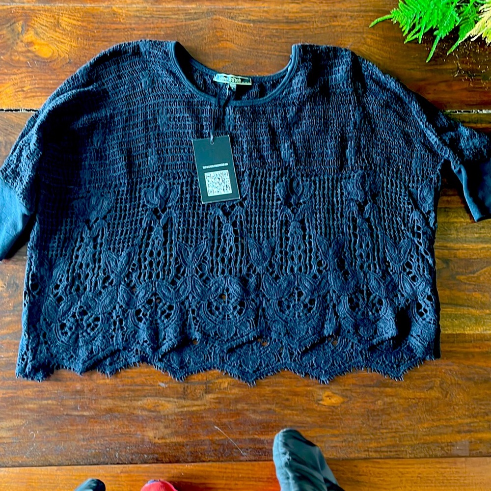 Black crocheted cotton top by LoveStitch, size medium, NWT, great summer cover